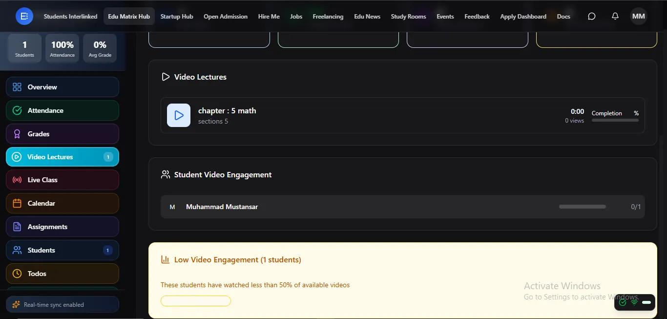 Video lectures — recorded lessons students watch anytime, with watch progress