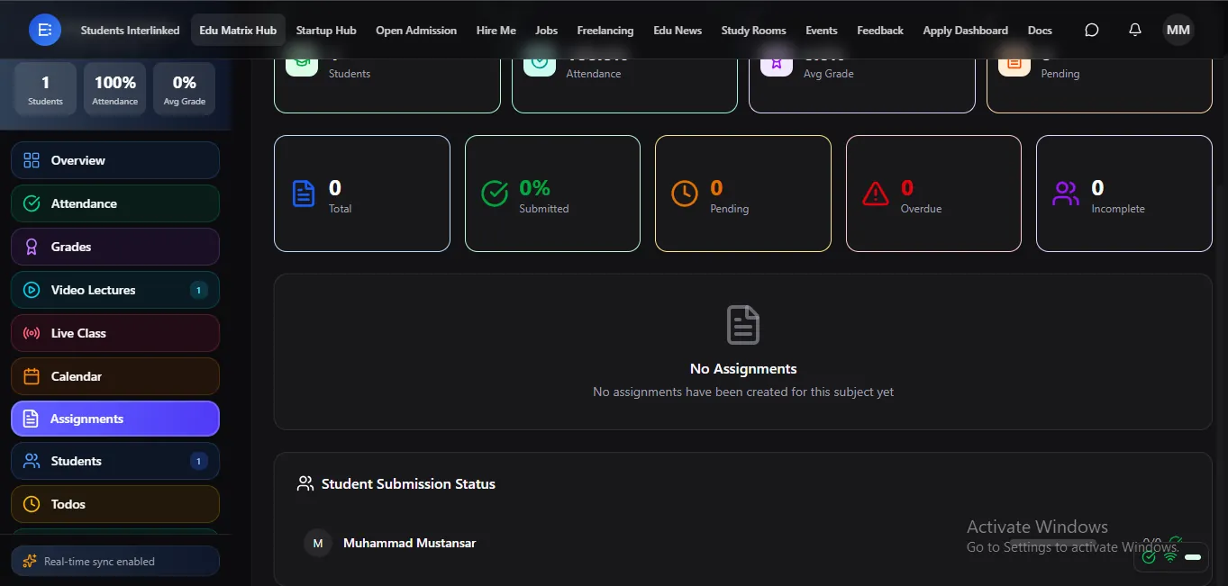 Assignments — set, submit, and grade with deadlines