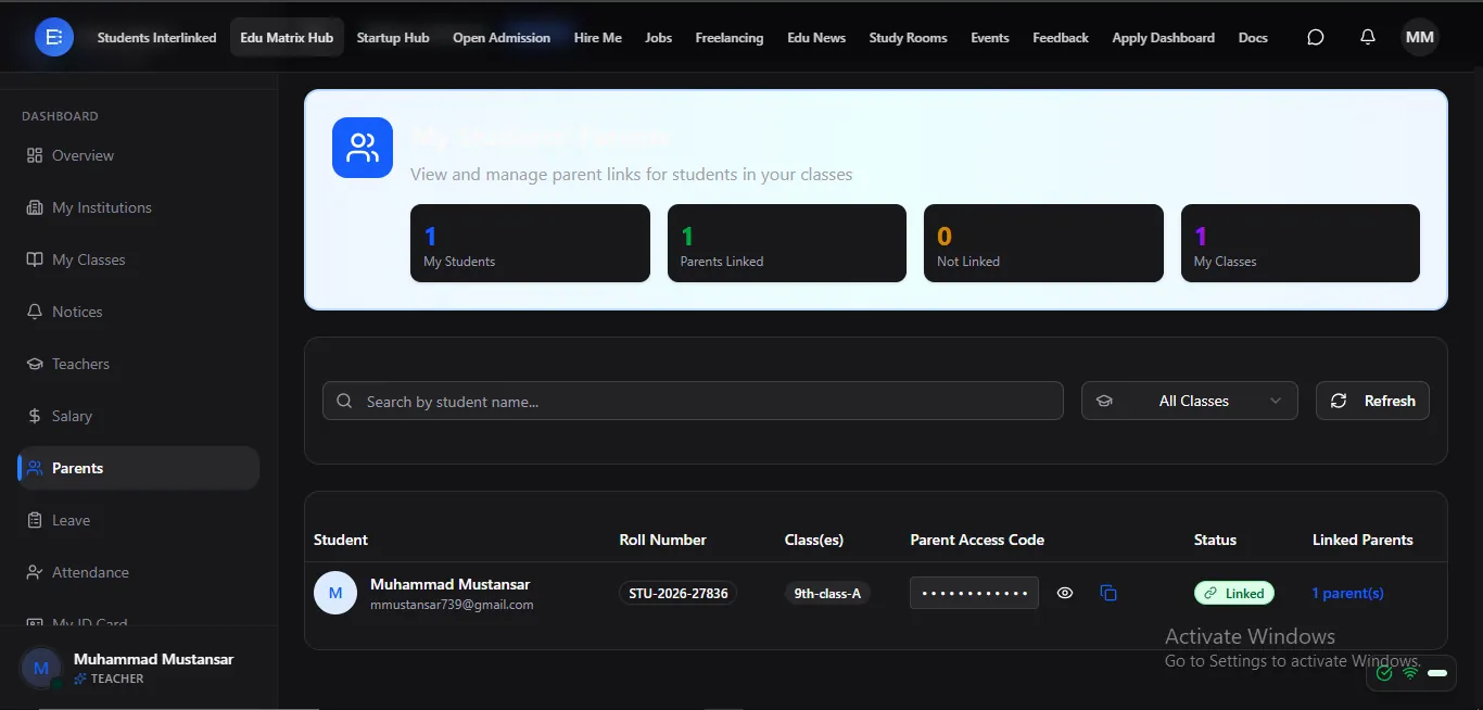 View and manage parent links for students in your classes