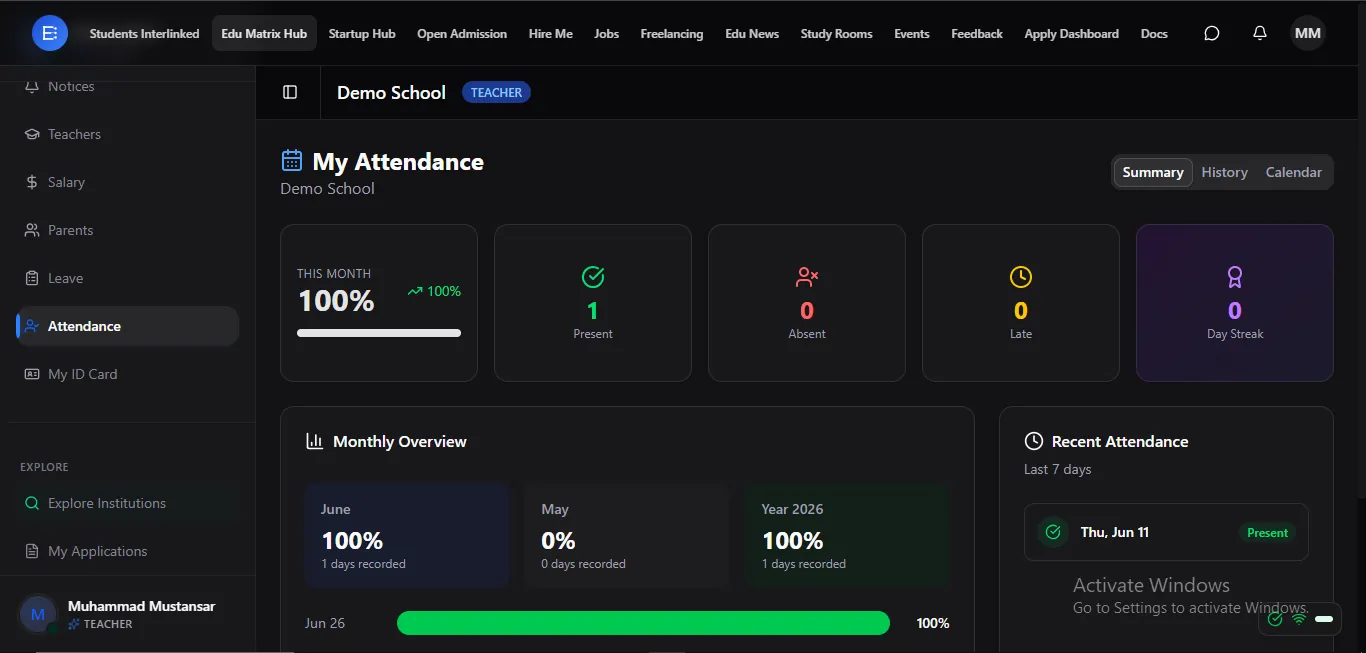 My attendance — a teacher's own attendance record