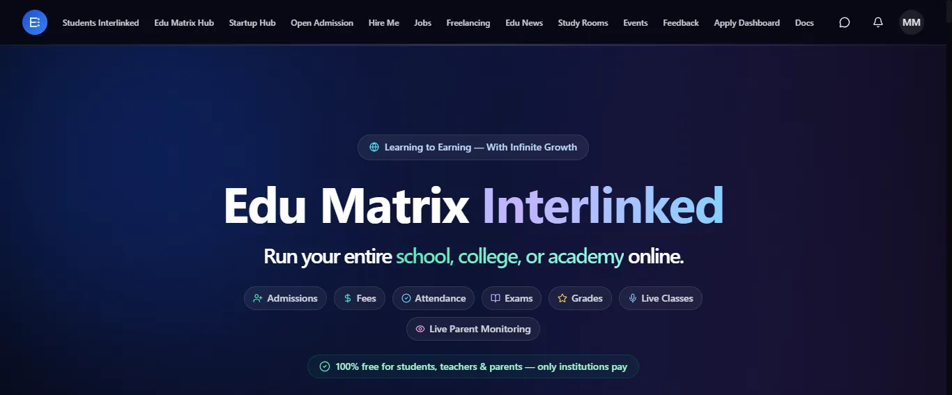 Edu Matrix Interlinked landing page — run your entire school, college, or academy online