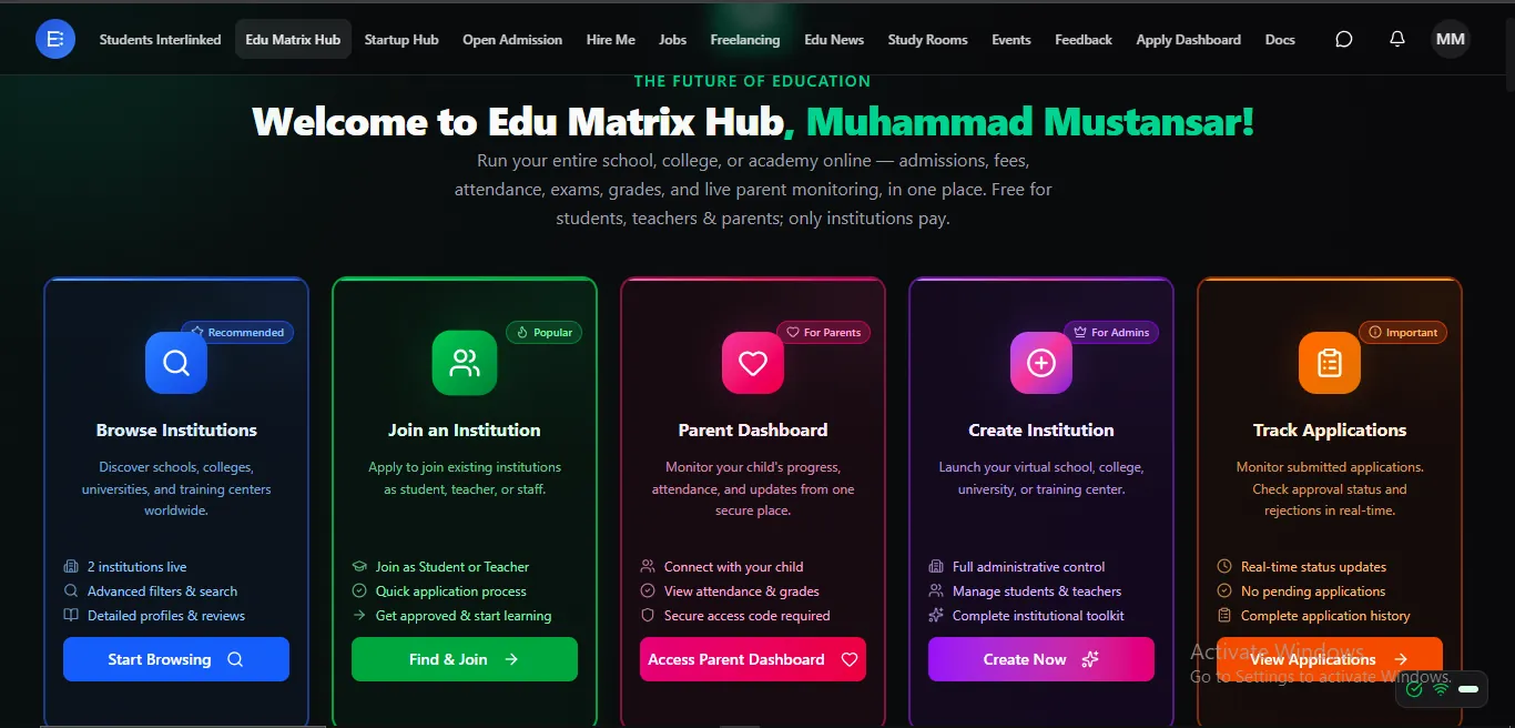 Edu Matrix Hub home with four role gates: student, teacher, parent, and institution