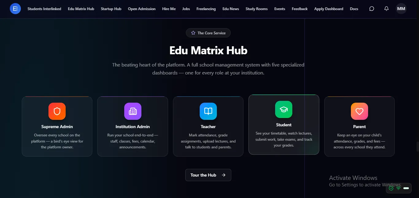 Edu Matrix Hub — a full school management system with five specialized dashboards