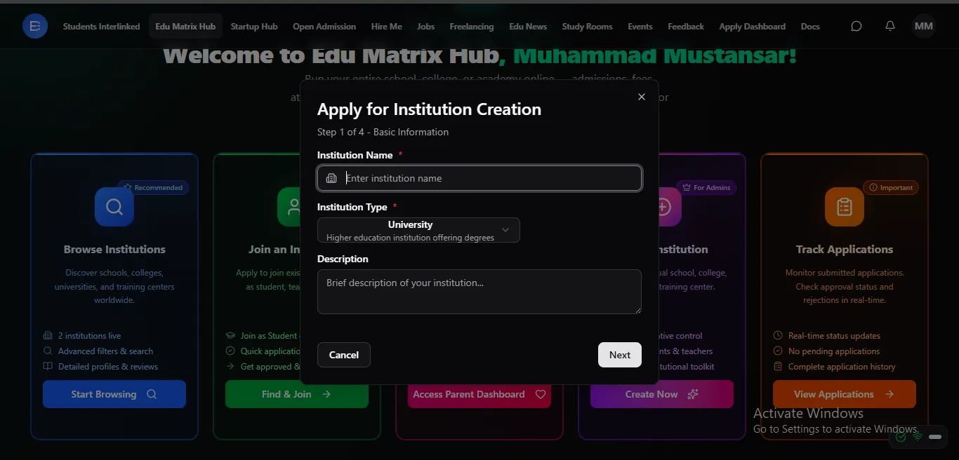 Apply to create and bring your institution online