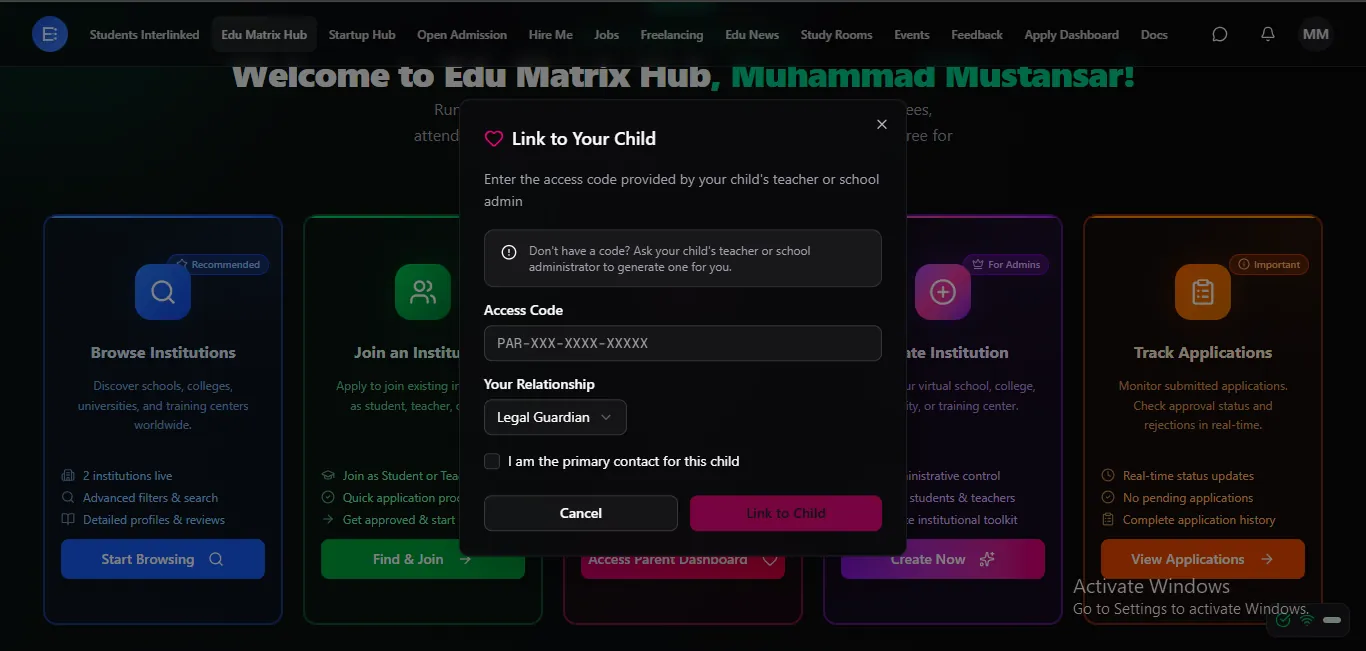 Parents link to their child with a secure access code