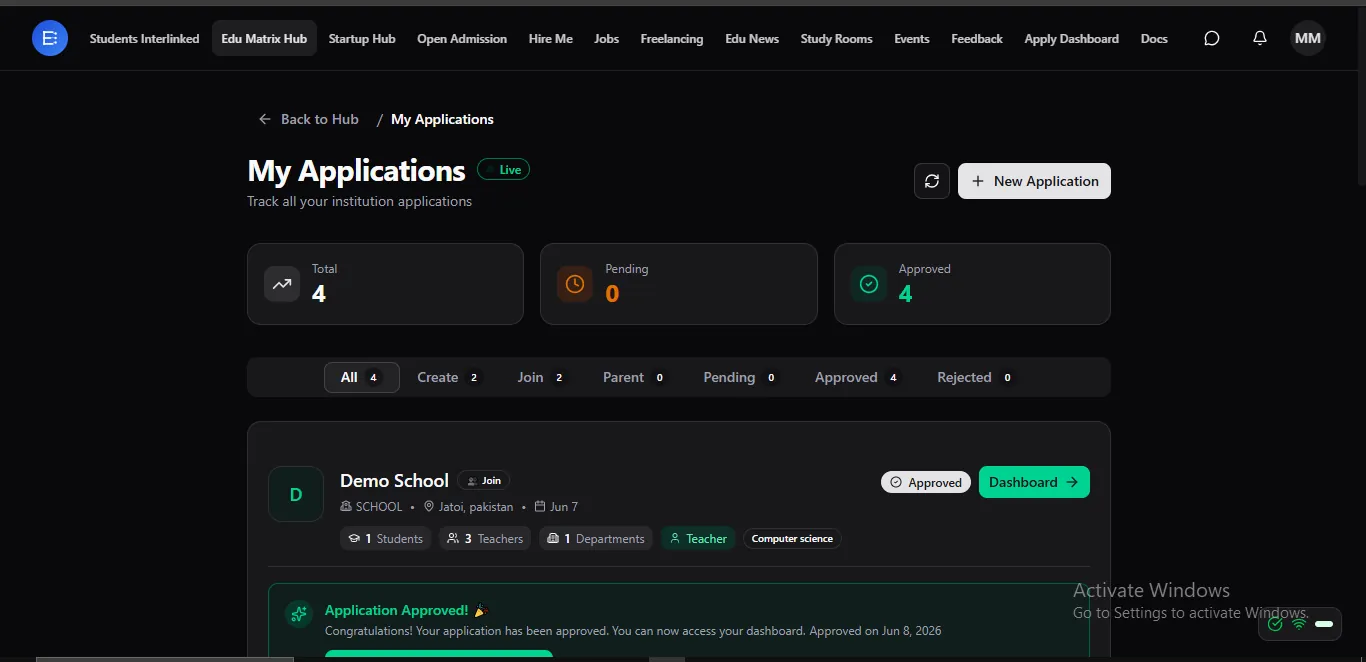 Track every institution application in real time