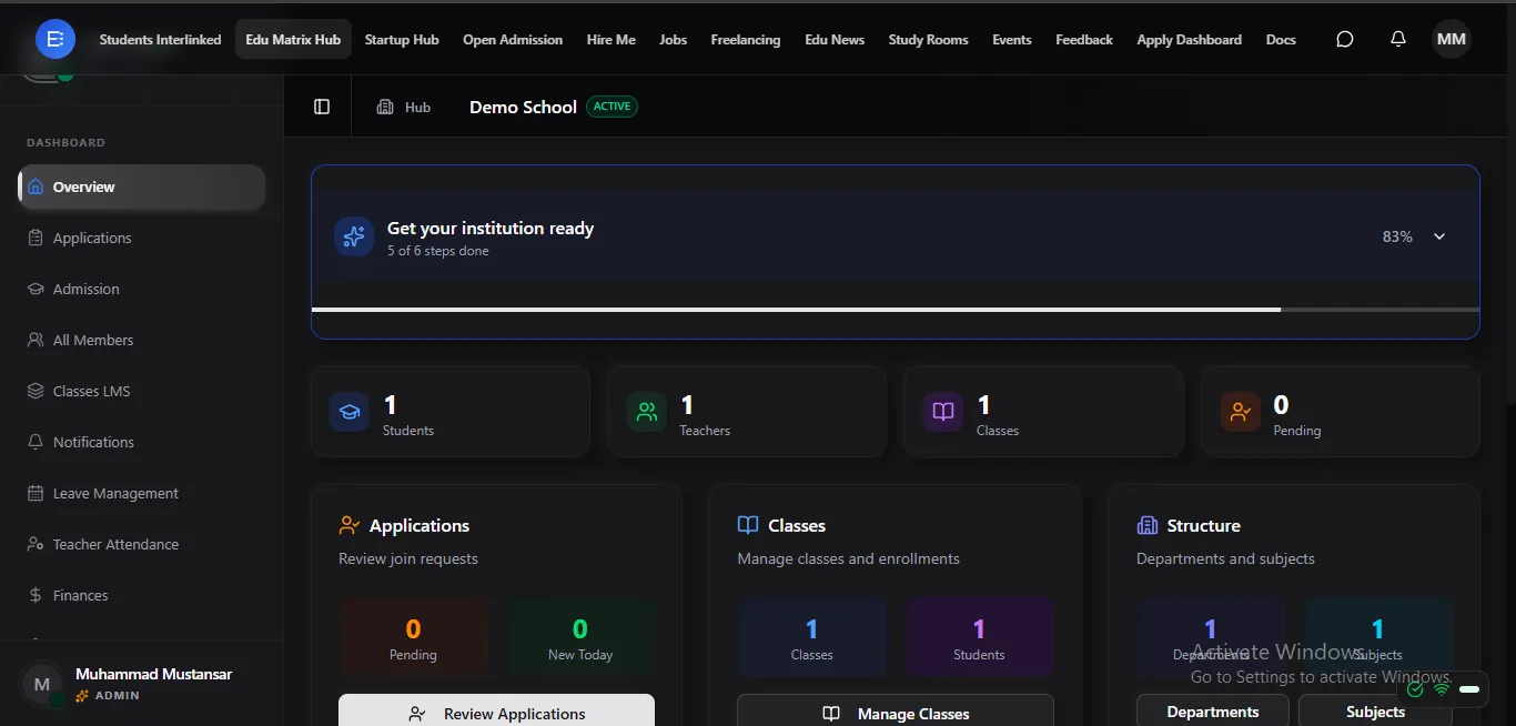 Institution Admin dashboard — run your whole school from one workspace