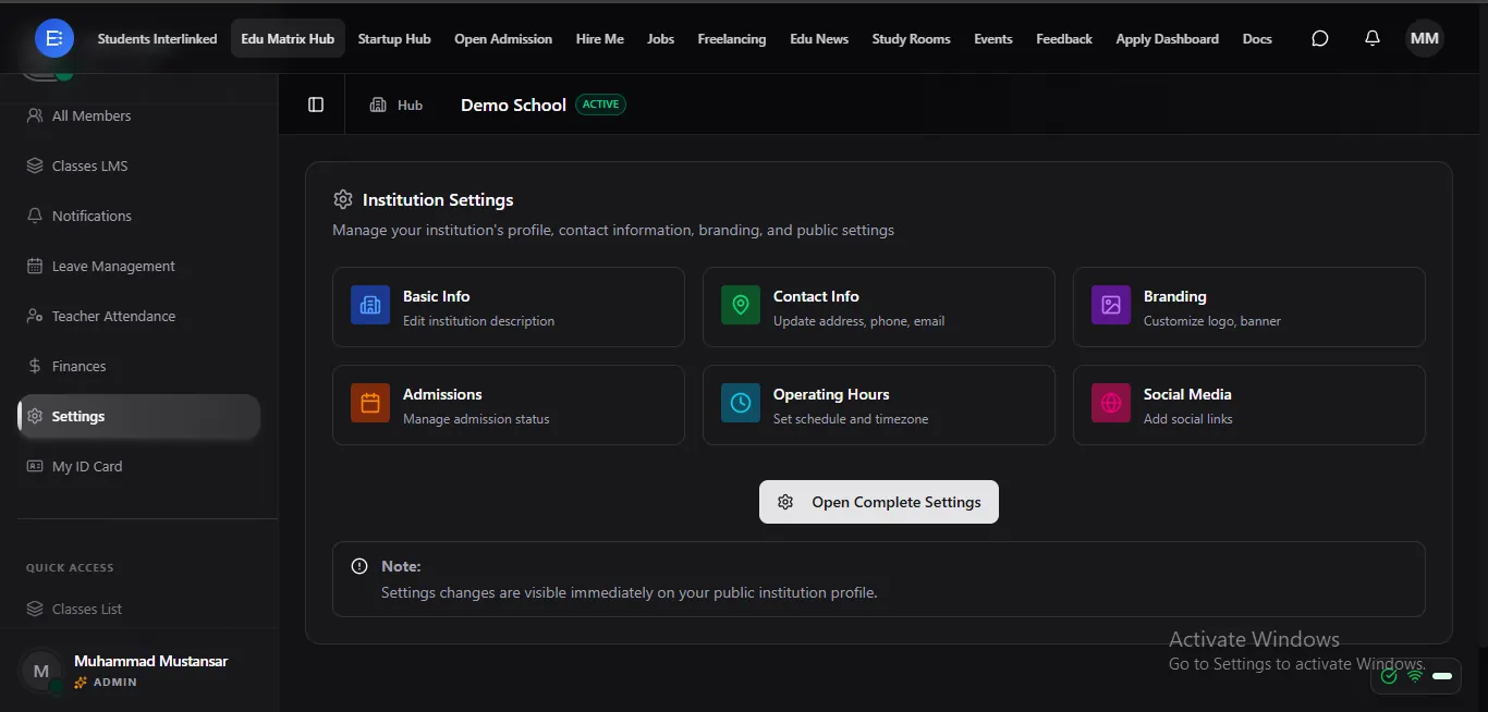 Institution settings — brand, configuration, and controls