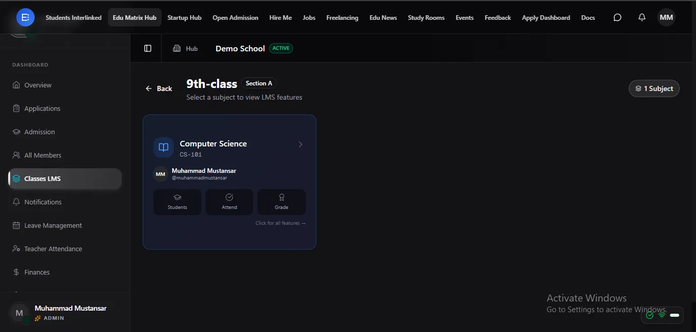 Select a subject to open its full LMS feature set