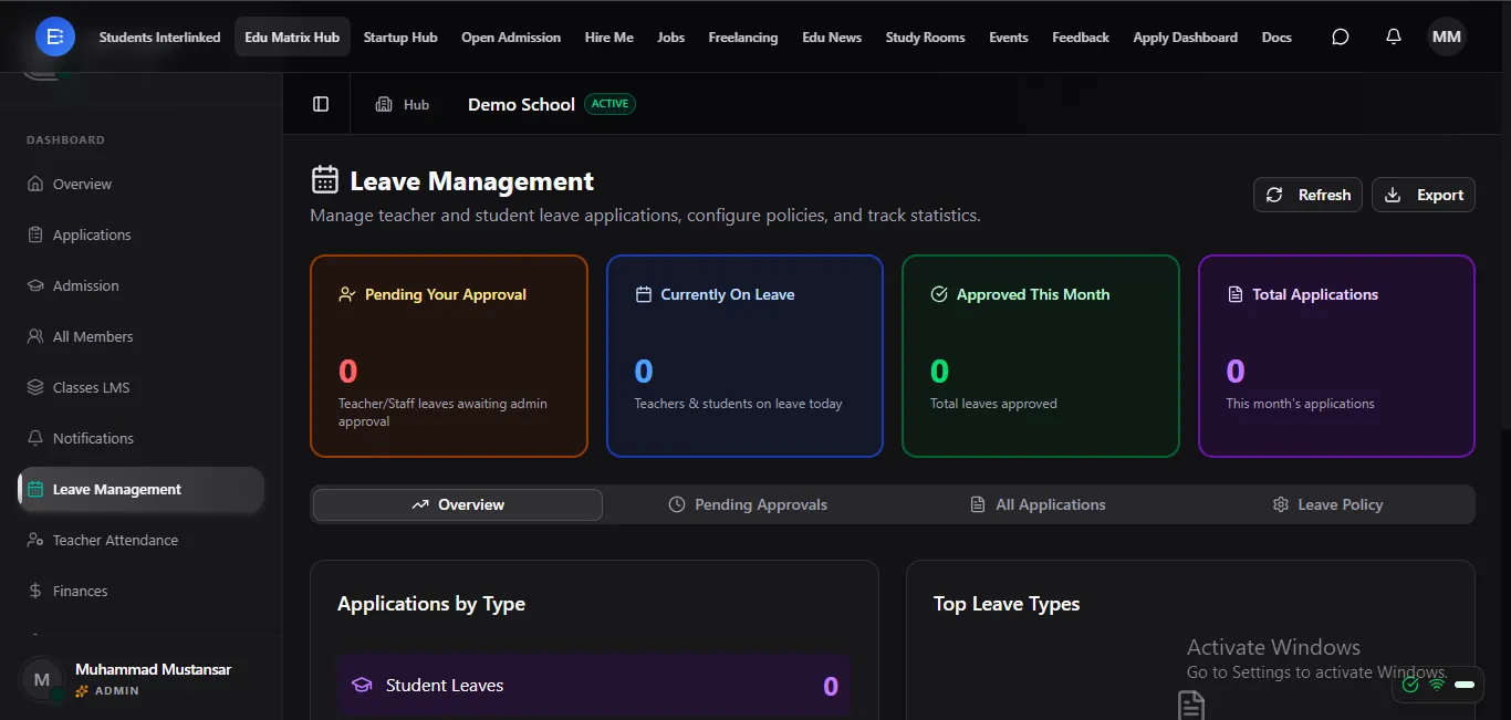 Manage teacher and student leave applications, policies, and statistics