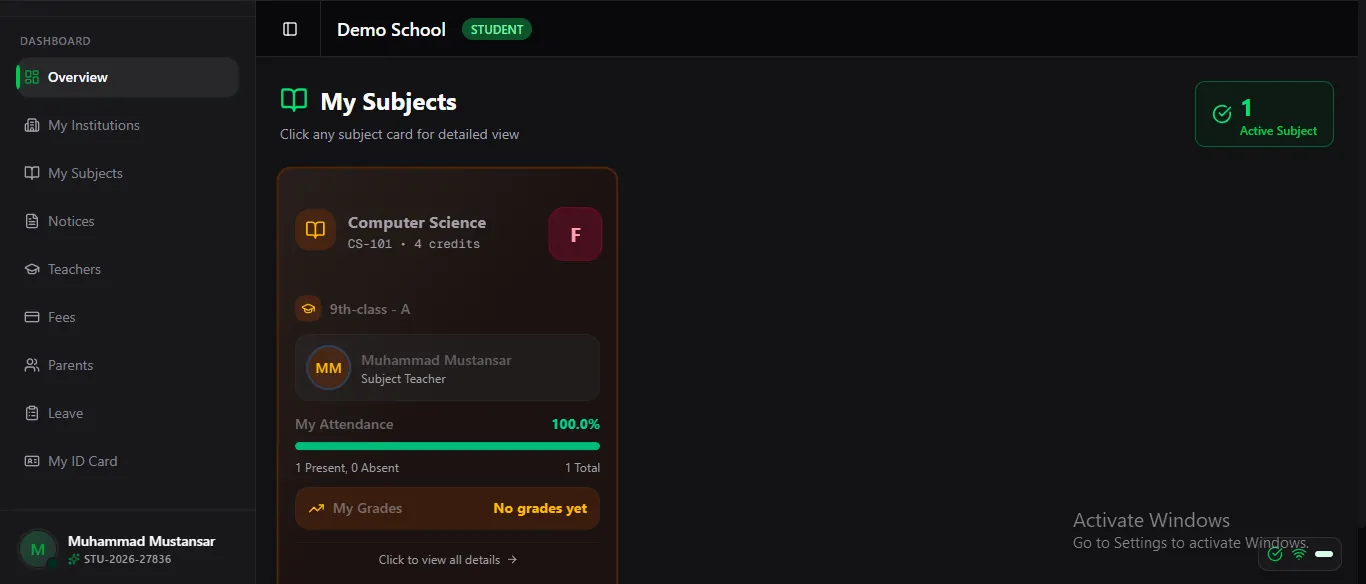 Click any subject card to open its full detailed view