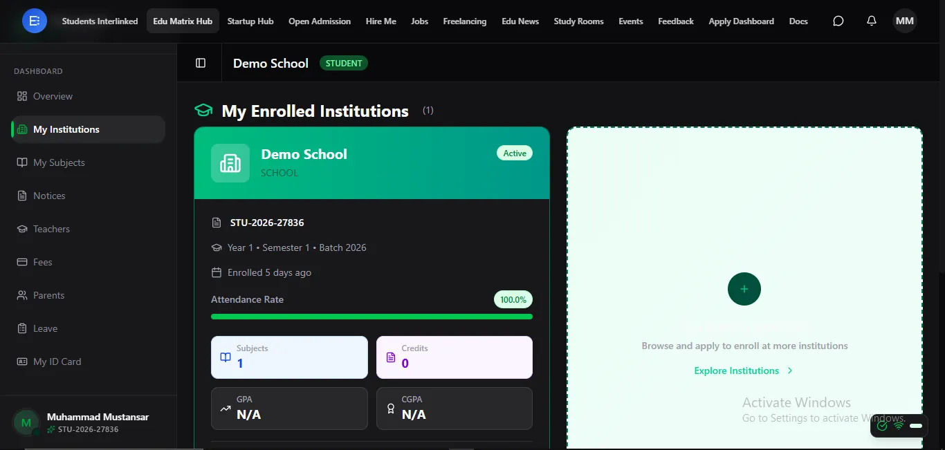 My enrolled institutions — a student studying at many schools from one account