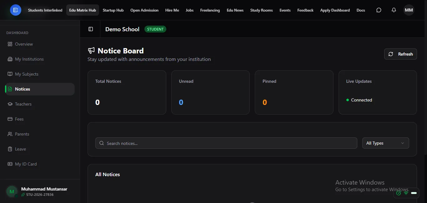 Student notice board — stay updated with announcements from your institution