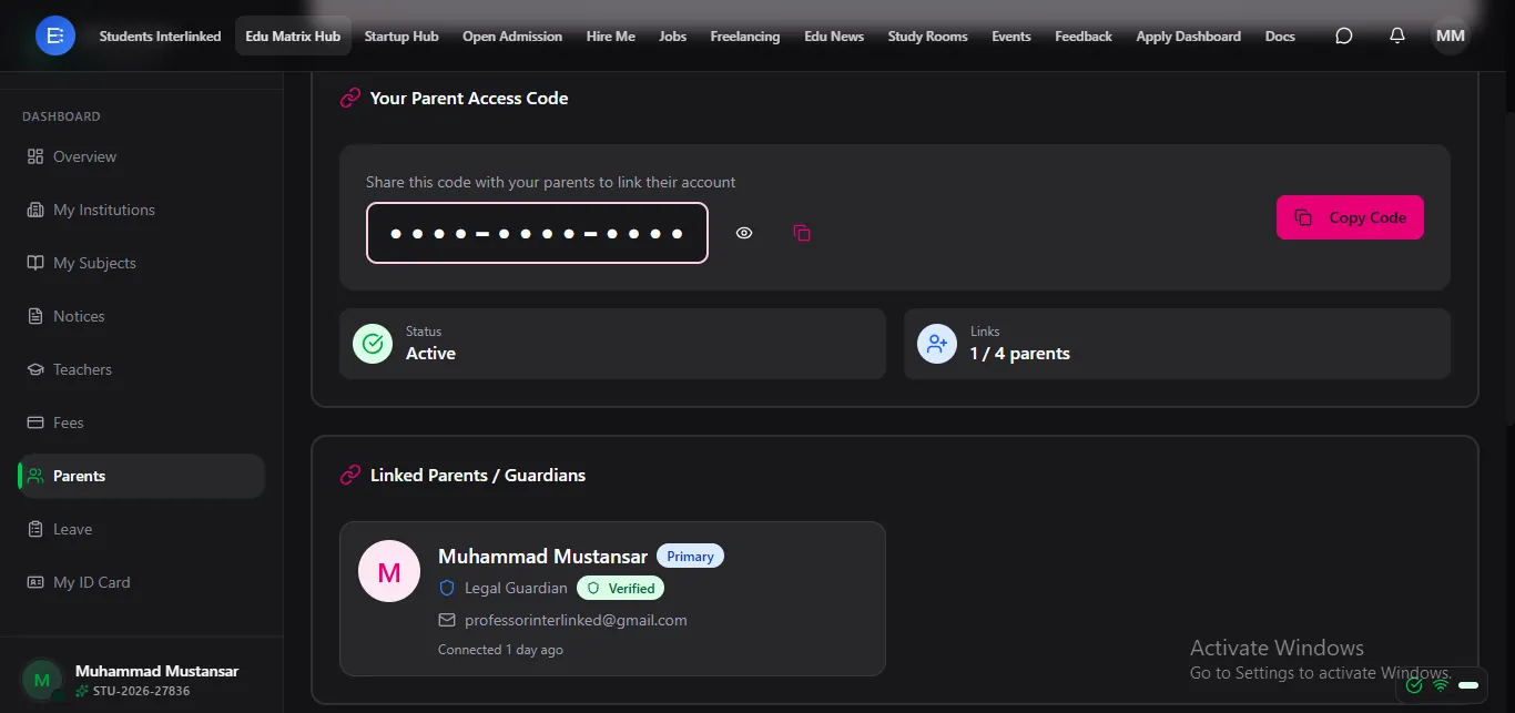 Share your access code so parents can connect and monitor your progress